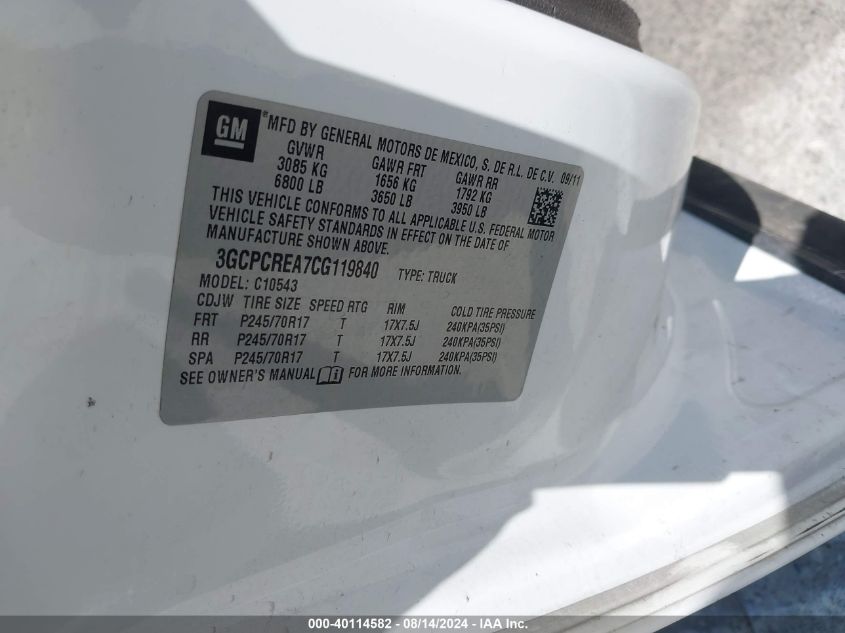 2012 Chevrolet Silverado 1500 Ls VIN: 3GCPCREA7CG119840 Lot: 40114582