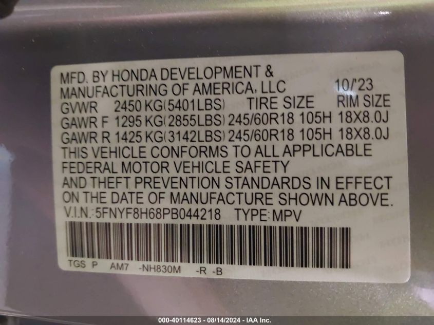 2023 Honda Passport Awd Trailsport VIN: 5FNYF8H68PB044218 Lot: 40114623