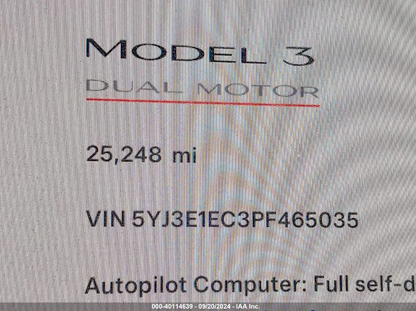 2023 Tesla Model 3 Performance Dual Motor All-Wheel Drive VIN: 5YJ3E1EC3PF465035 Lot: 40114639