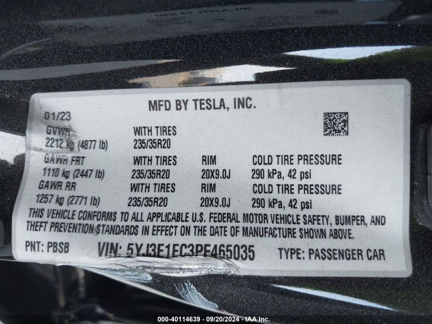 2023 Tesla Model 3 Performance Dual Motor All-Wheel Drive VIN: 5YJ3E1EC3PF465035 Lot: 40114639