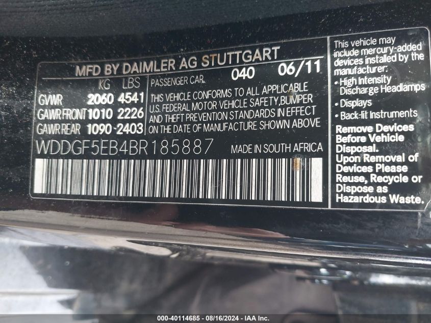 2011 Mercedes-Benz C 300 Luxury/Sport VIN: WDDGF5EB4BR185887 Lot: 40114685