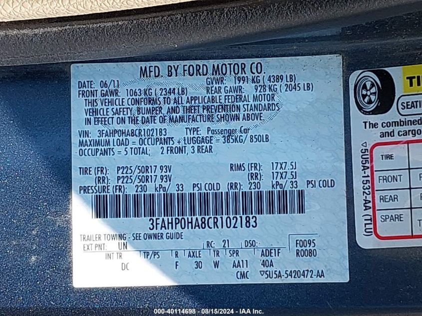 2012 Ford Fusion Se VIN: 3FAHP0HA8CR102183 Lot: 40114698