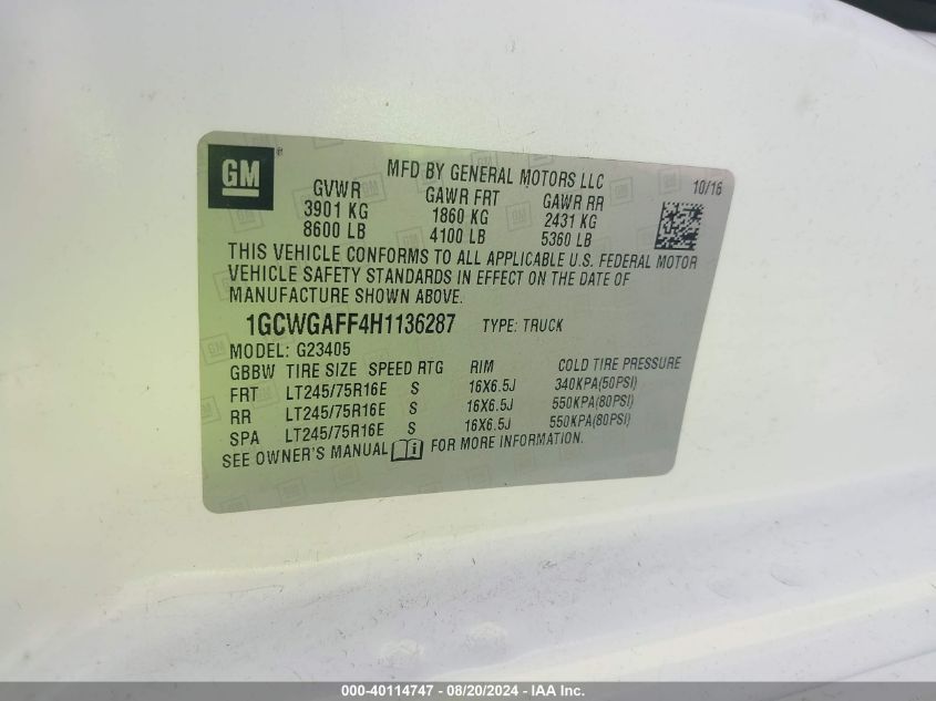 2017 Chevrolet Express 2500 Work Van VIN: 1GCWGAFF4H1136287 Lot: 40114747