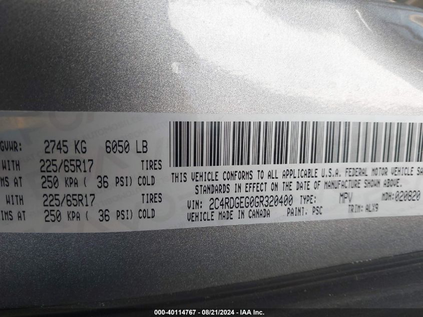 2016 Dodge Grand Caravan R/T VIN: 2C4RDGEG0GR320400 Lot: 40114767