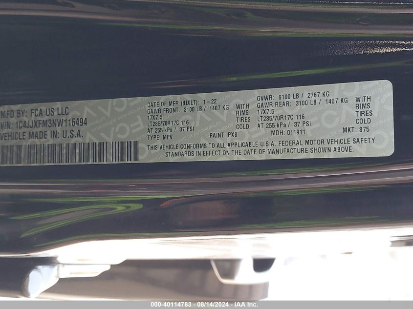 2022 Jeep Wrangler Unlimited Rubicon 4X4 VIN: 1C4JJXFM3NW116494 Lot: 40114783