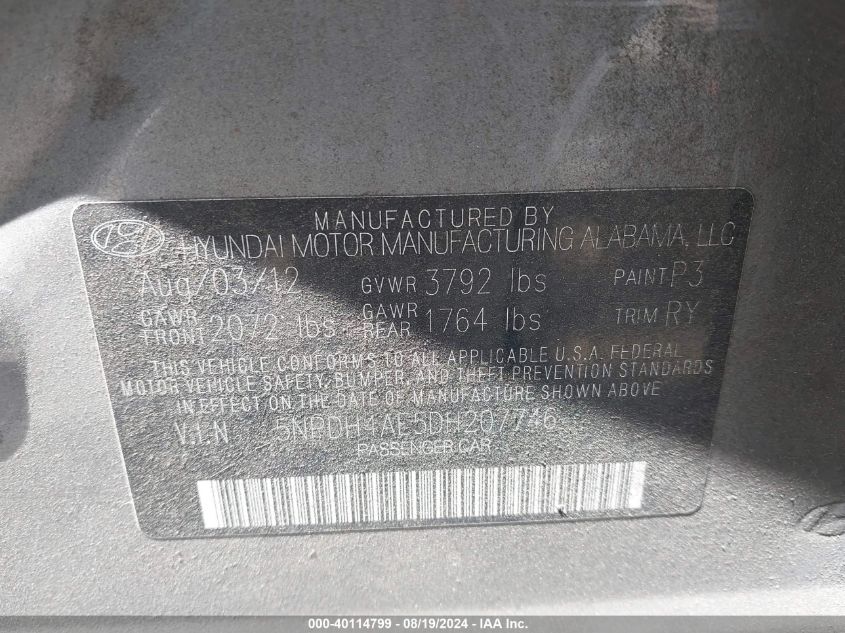 2013 Hyundai Elantra Limited VIN: 5NPDH4AE5DH207746 Lot: 40114799