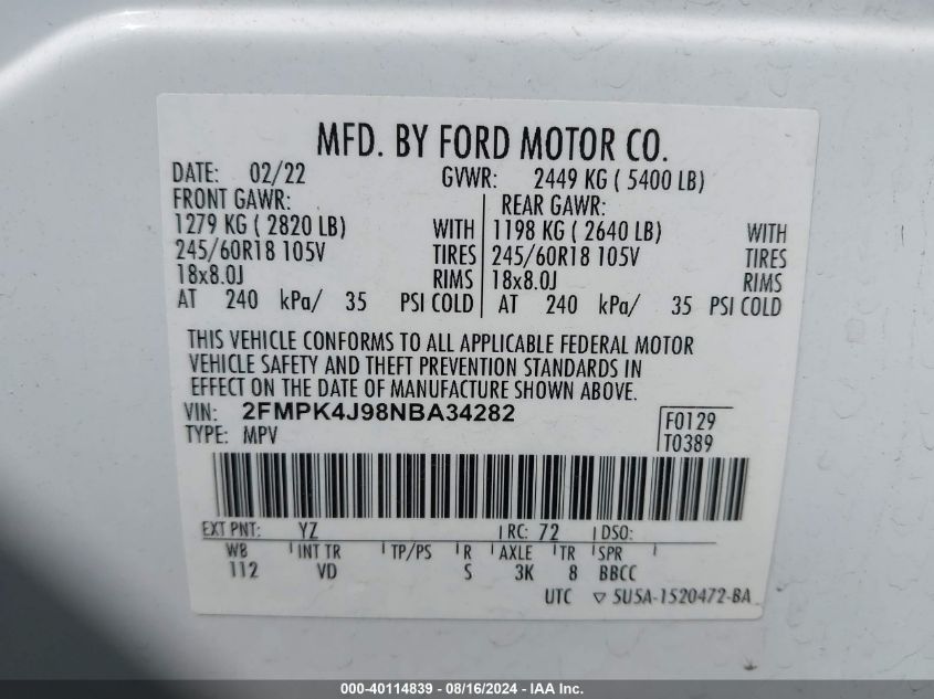 2022 Ford Edge Sel VIN: 2FMPK4J98NBA34282 Lot: 40114839