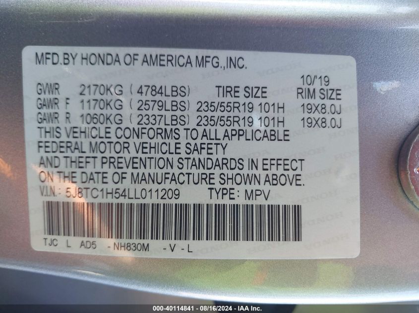 2020 Acura Rdx Technology VIN: 5J8TC1H54LL011209 Lot: 40114841