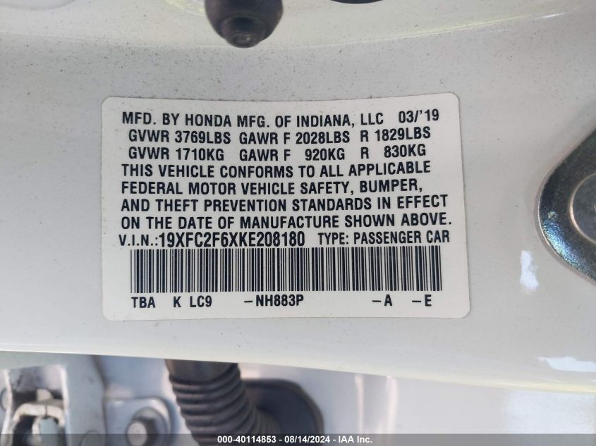 2019 Honda Civic Lx VIN: 19XFC2F6XKE208180 Lot: 40114853