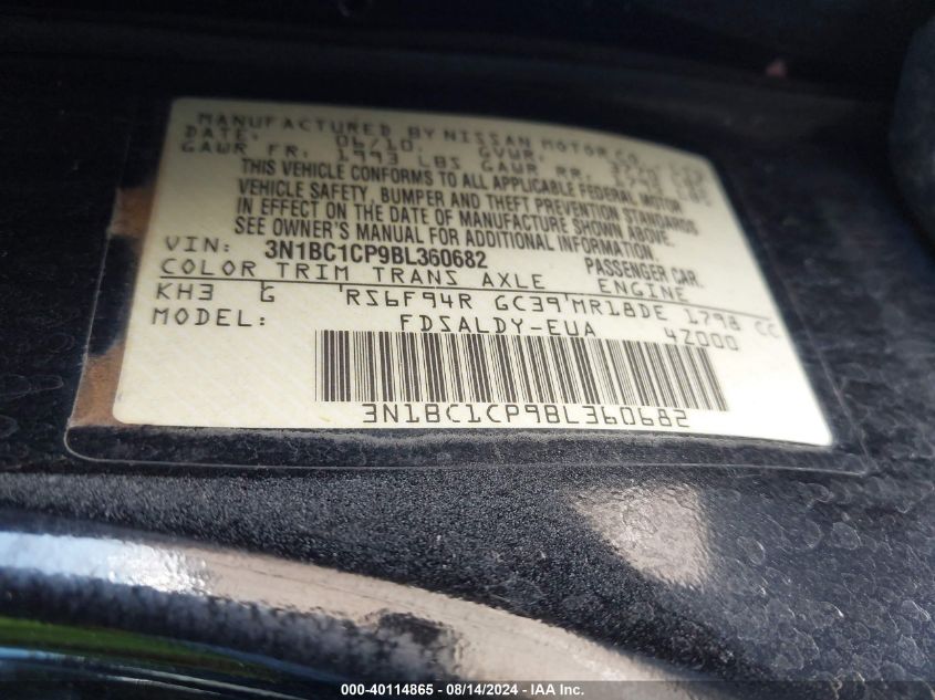 2011 Nissan Versa S/Sl VIN: 3N1BC1CP9BL360682 Lot: 40114865