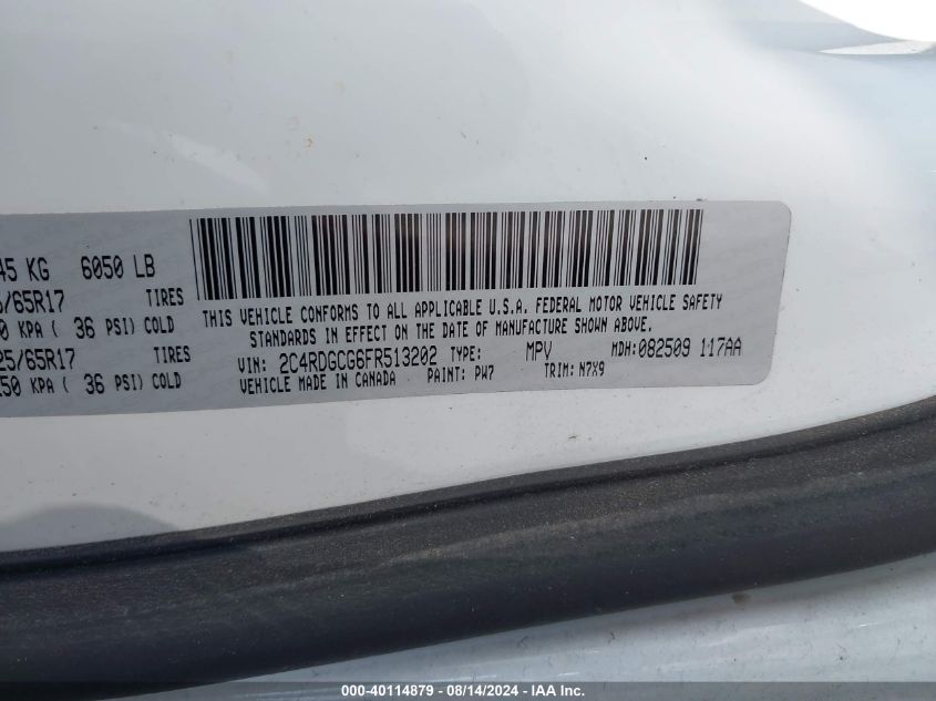 2015 Dodge Grand Caravan Sxt VIN: 2C4RDGCG6FR513202 Lot: 40114879