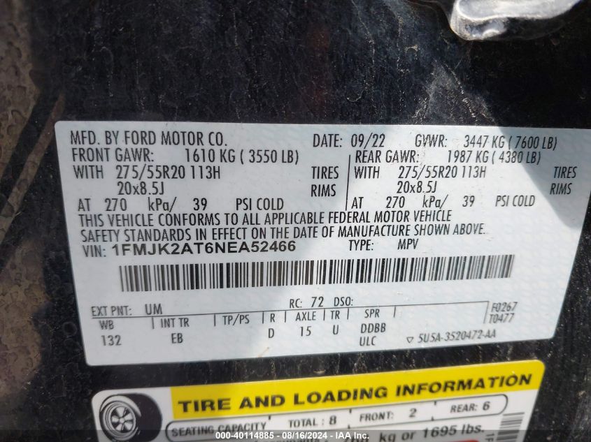 2022 Ford Expedition Limited Max VIN: 1FMJK2AT6NEA52466 Lot: 40114885