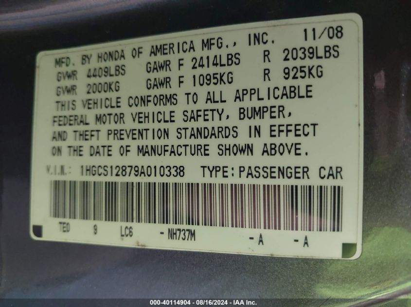1HGCS12879A010338 2009 Honda Accord 2.4 Ex-L