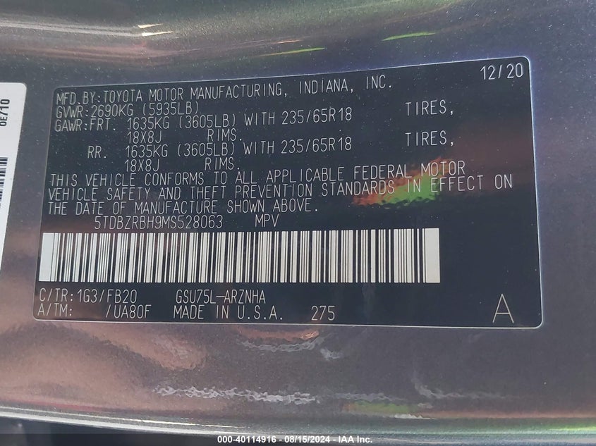 VIN 5TDBZRBH9MS528063 2021 TOYOTA HIGHLANDER LE