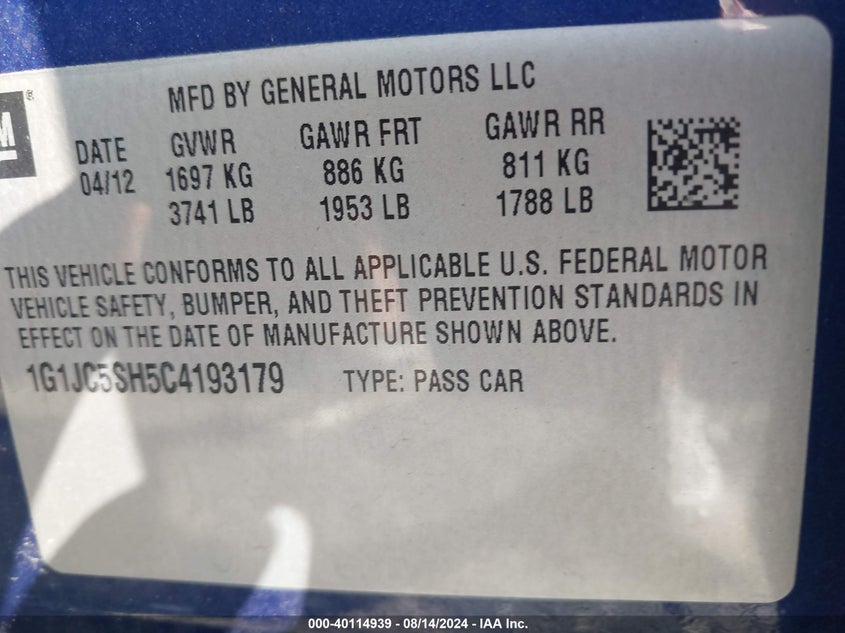 2012 Chevrolet Sonic 2Lt VIN: 1G1JC5SH5C4193179 Lot: 40114939