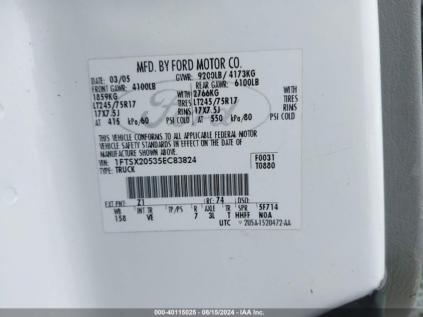 2005 Ford Super Duty F-250 Lariat/Xl/Xlt VIN: 1FTSX20535EC83824 Lot: 40115025