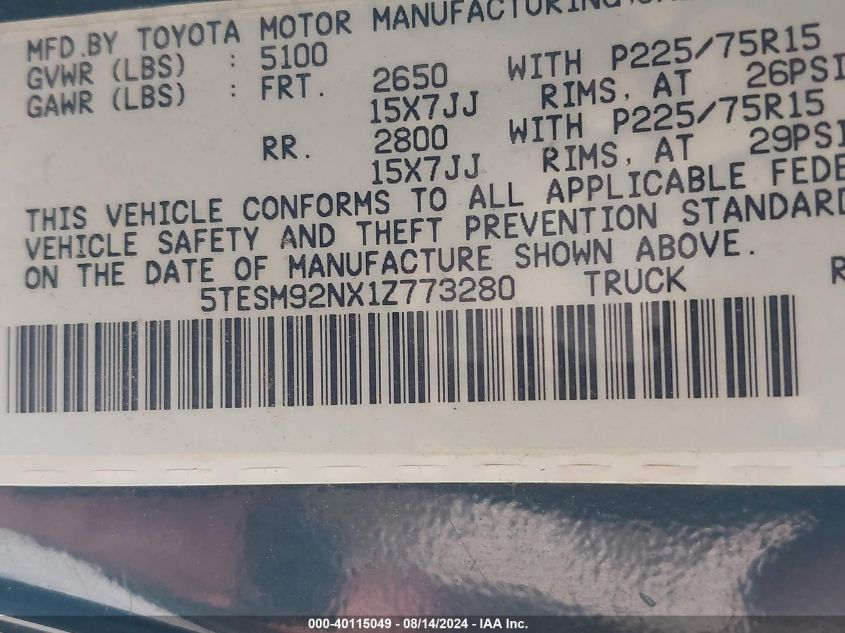 2001 Toyota Tacoma Prerunner VIN: 5TESM92NX1Z773280 Lot: 40115049