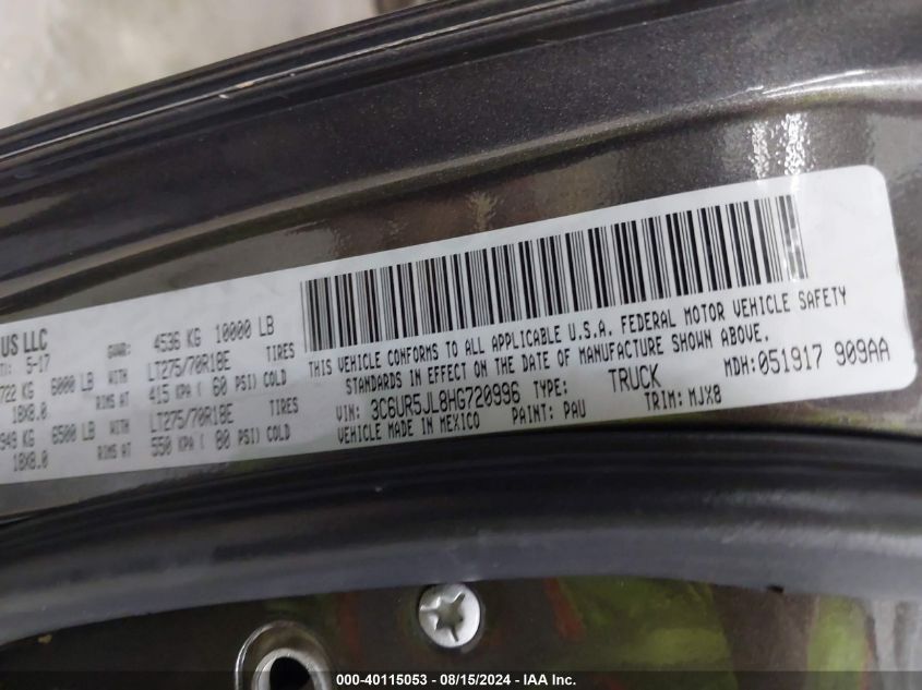 2017 Ram 2500 Slt VIN: 3C6UR5JL8HG720996 Lot: 40115053