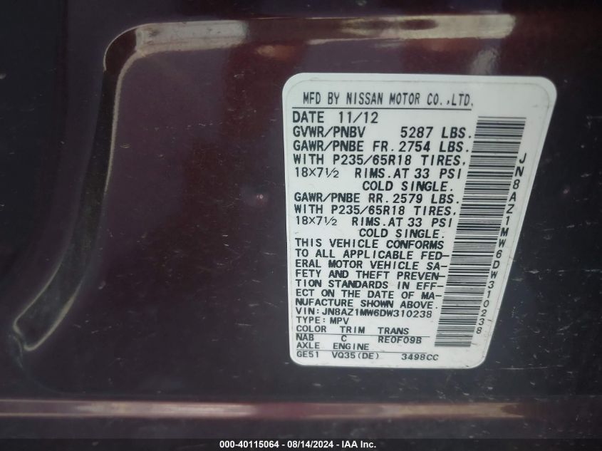 2013 Nissan Murano Sv VIN: JN8AZ1MW6DW310238 Lot: 40115064