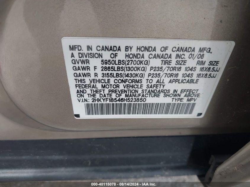 2006 Honda Pilot Ex-L VIN: 2HKYF18546H523850 Lot: 40115078