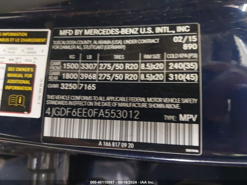 4JGDF6EE0FA553012 2015 Mercedes-Benz Gl 450 4Matic