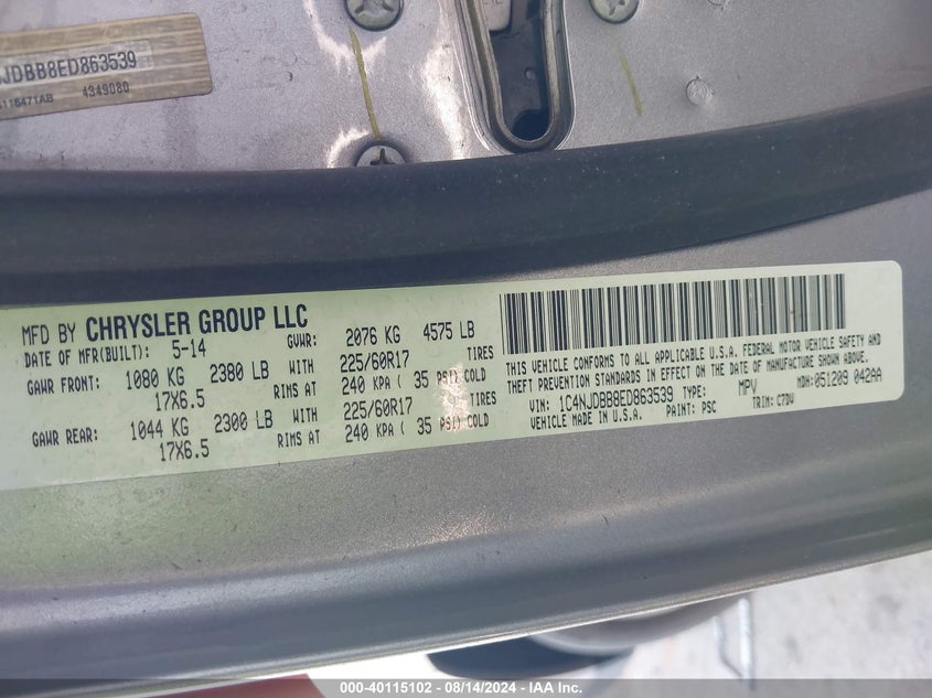 2014 Jeep Compass Sport VIN: 1C4NJDBB8ED863539 Lot: 40115102