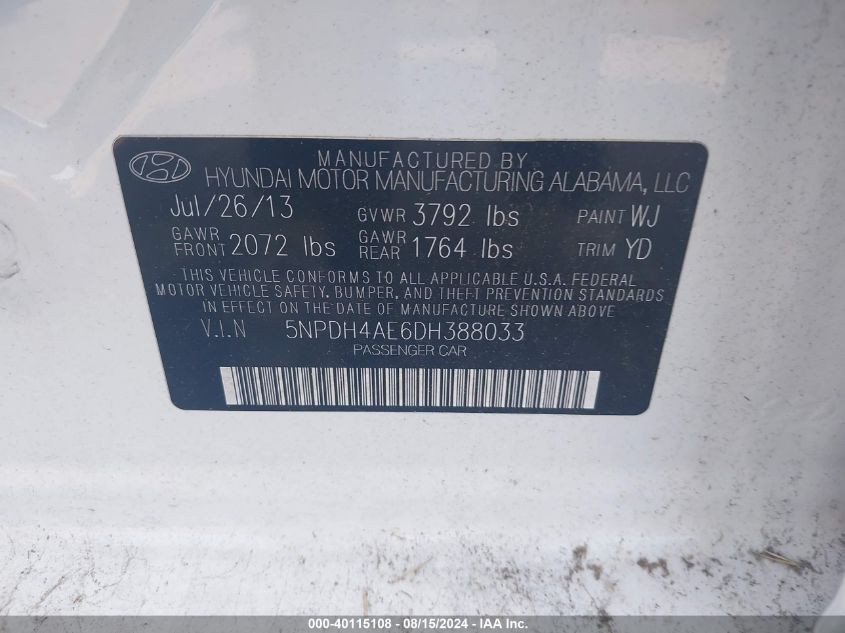 2013 Hyundai Elantra Gls VIN: 5NPDH4AE6DH388033 Lot: 40115108