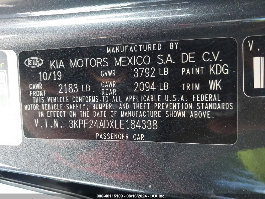 2020 Kia Forte Lxs VIN: 3KPF24ADXLE184338 Lot: 40115109