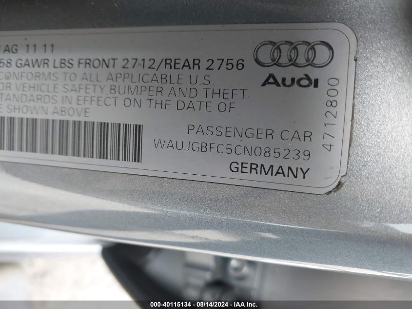 2012 Audi A6 3.0 Premium VIN: WAUJGBFC5CN085239 Lot: 40115134