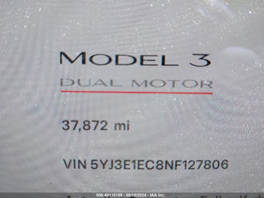 2022 Tesla Model 3 VIN: 5YJ3E1EC8NF127806 Lot: 40115189