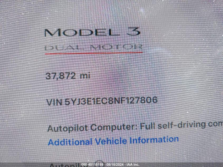 2022 Tesla Model 3 VIN: 5YJ3E1EC8NF127806 Lot: 40115189