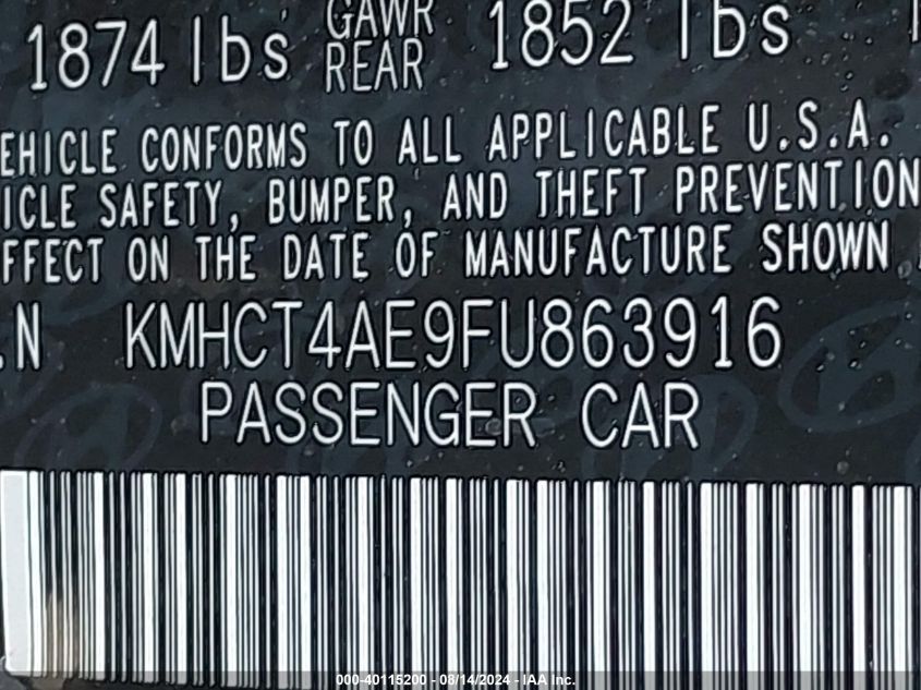 2015 Hyundai Accent Gls VIN: KMHCT4AE9FU863916 Lot: 40115200