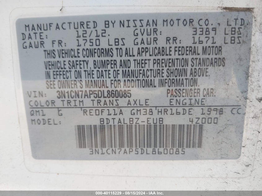 2013 Nissan Versa 1.6 Sv VIN: 3N1CN7AP5DL860085 Lot: 40115229