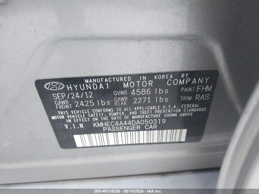 2013 Hyundai Sonata Hybrid VIN: KMHEC4A44DA050319 Lot: 40115236