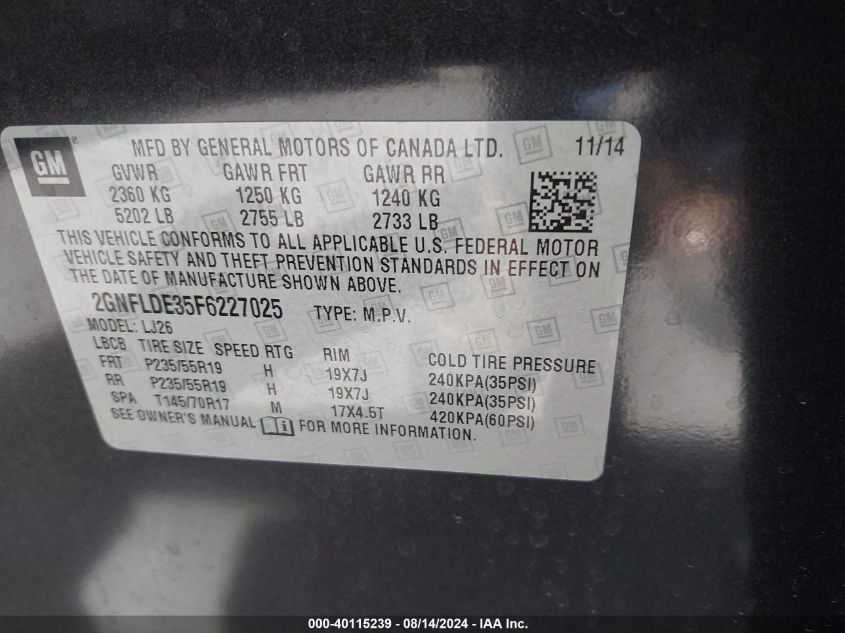 2015 Chevrolet Equinox Ltz VIN: 2GNFLDE35F6227025 Lot: 40115239