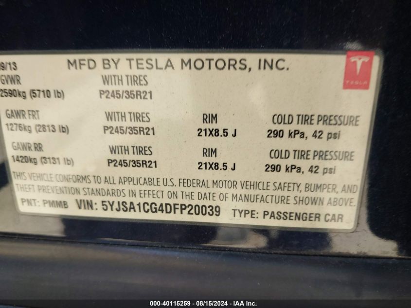 2013 Tesla Model S VIN: 5YJSA1CG4DFP20039 Lot: 40115259