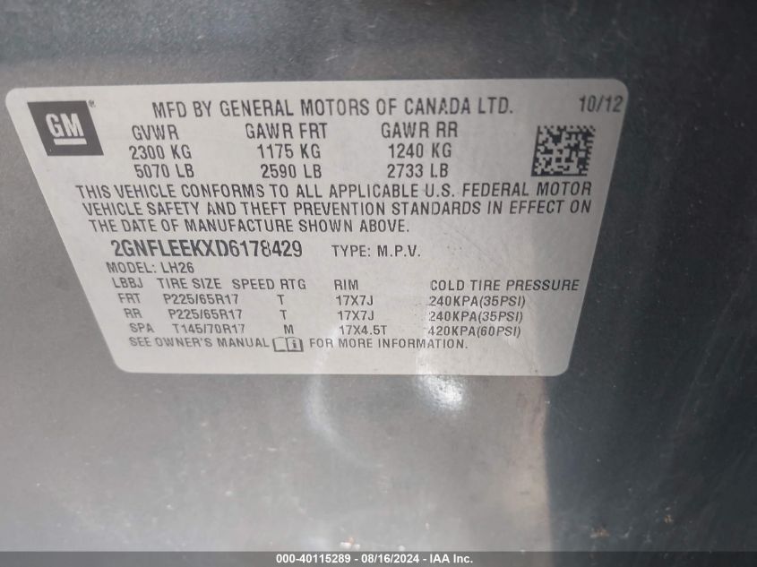 2013 Chevrolet Equinox 1Lt VIN: 2GNFLEEKXD6178429 Lot: 40115289