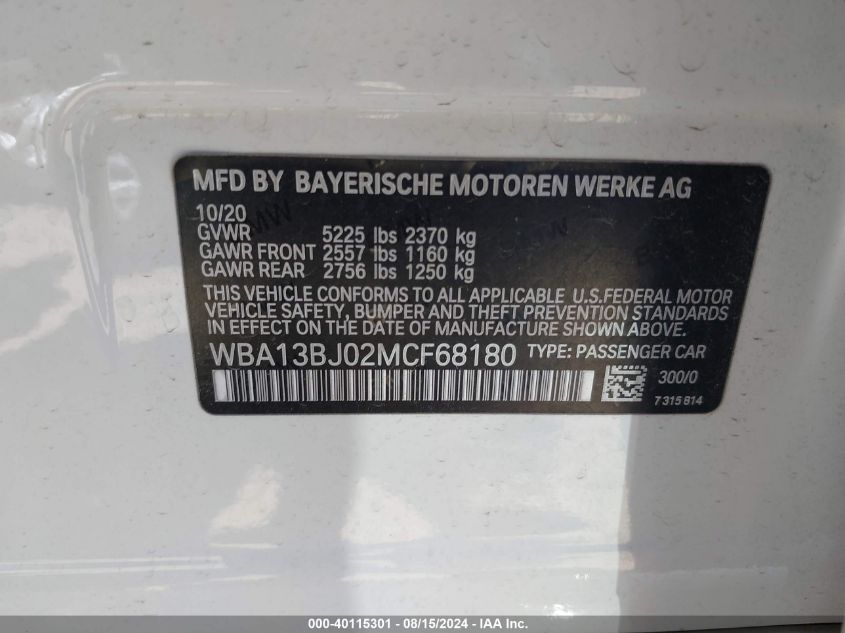 2021 BMW 530I xDrive VIN: WBA13BJ02MCF68180 Lot: 40115301