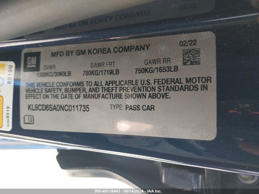 2022 Chevrolet Spark Fwd 1Lt Automatic VIN: KL8CD6SA0NC011735 Lot: 40115443