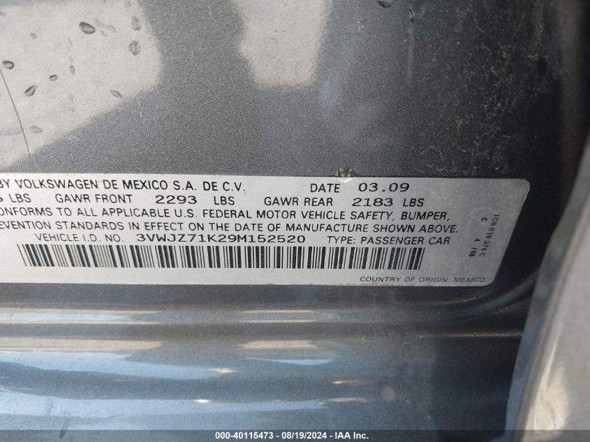 2009 Volkswagen Jetta S VIN: 3VWJZ71K29M152520 Lot: 40115473