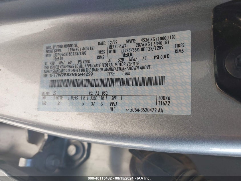 2022 Ford F250 Super Duty VIN: 1FT7W2B6XNEG44299 Lot: 40115482