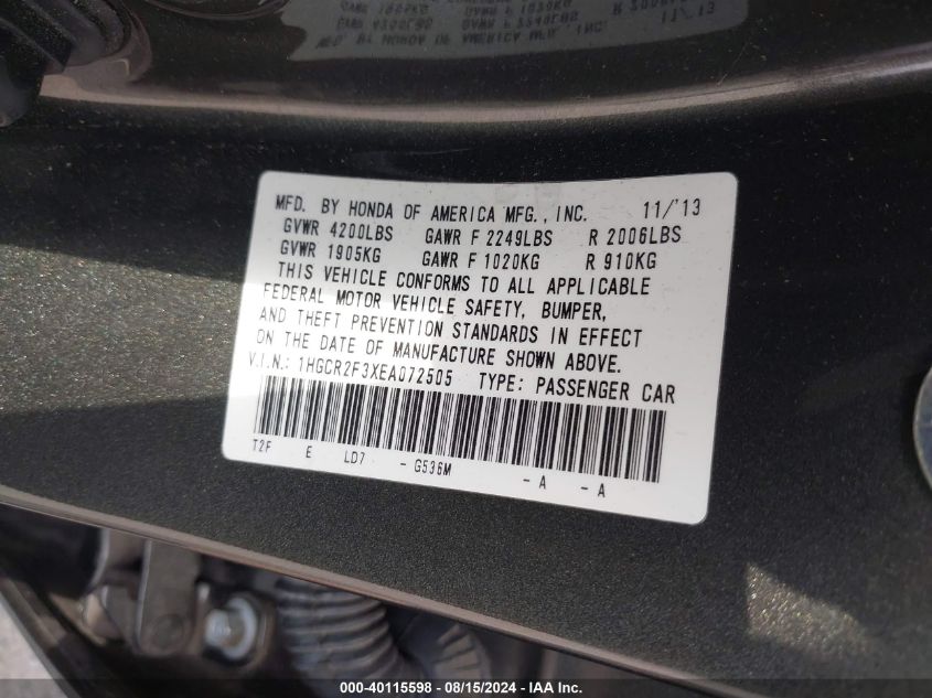 1HGCR2F3XEA072505 2014 Honda Accord Lx