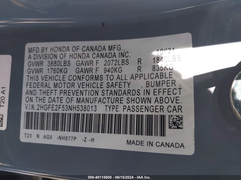 2022 HONDA CIVIC SPORT - 2HGFE2F53NH538013