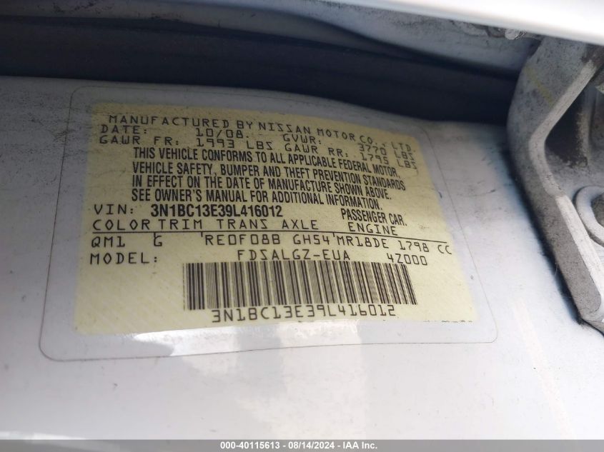 2009 Nissan Versa 1.8Sl VIN: 3N1BC13E39L416012 Lot: 40115613