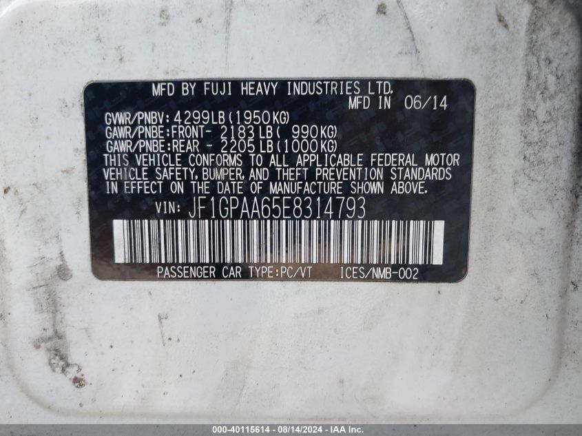 2014 Subaru Impreza 2.0I VIN: JF1GPAA65E8314793 Lot: 40115614