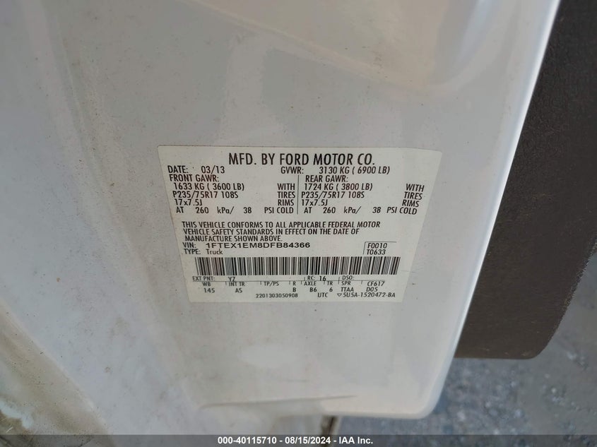 2013 Ford F-150 Xl VIN: 1FTEX1EM8DFB84366 Lot: 40115710