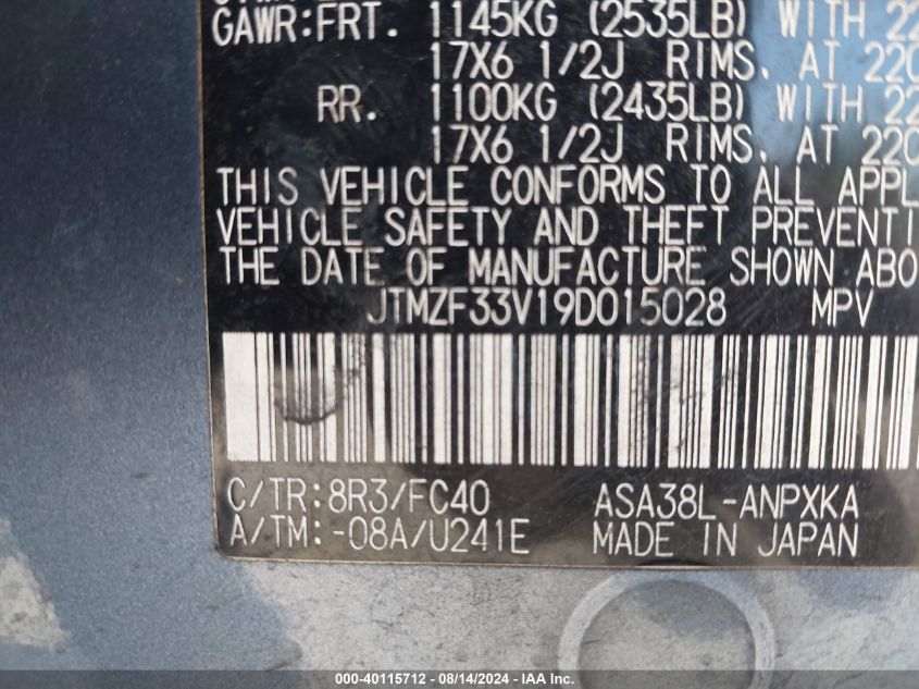 2009 Toyota Rav4 VIN: JTMZF33V19D015028 Lot: 40115712