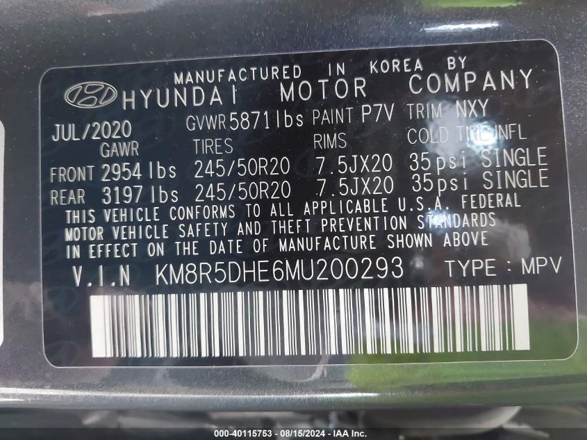 2021 Hyundai Palisade Limited VIN: KM8R5DHE6MU200293 Lot: 40115753