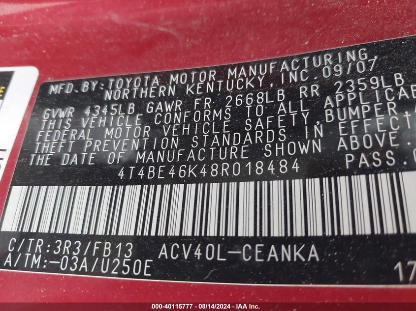 2008 Toyota Camry Le VIN: 4T4BE46K48R018484 Lot: 40115777