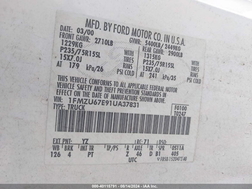 2001 Ford Explorer Sport Trac VIN: 1FMZU67E91UA37831 Lot: 40115791